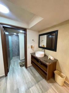 een badkamer met een wastafel en een spiegel en een douche bij Hotel Imperial Saltillo in Saltillo