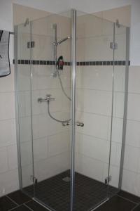 a shower with a glass door in a bathroom at Apartment Fewo Edison by Interhome in Holzdorf