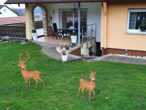 two fake deer statues in the yard of a house at Apartment Panoramablick Rhön by Interhome in Sandberg +21 photos