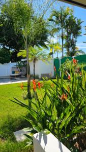 un giardino con fiori rossi e una palma di Los Papyrus a Bahia Altre 13 foto