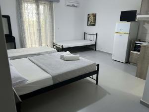 una camera con 2 letti e una cucina con frigorifero di Kohyli a Città di Lefkada