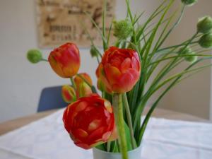 a vase filled with red flowers on a table at Apartment Ober Langengarten by Interhome in Pittenbach +54 photos