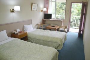 a hotel room with two beds and a television at Karuizawa Hotel Paipuno Kemuri in Karuizawa