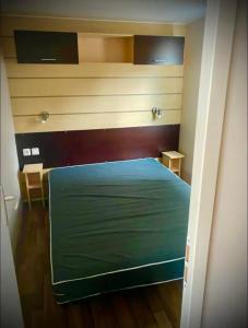 ein Schlafzimmer mit grünem Bett und Holzböden in der Unterkunft Charmant Mobilhome in Lagrand