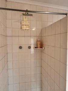 a bathroom with a shower with white tiles at Cape Comfy Hidden Home in Cravenby