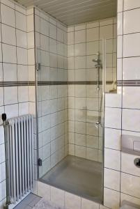 een douche met een glazen deur in een badkamer bij Bühler Blick in Bühl +2 foto's