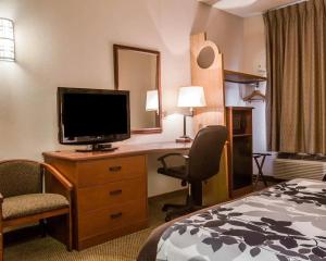 een hotelkamer met een bed en een bureau met een televisie bij Sleep Inn Pelham Oak Mountain in Pelham