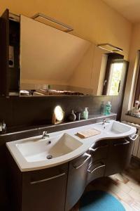 a bathroom with a sink and a large mirror at Apartment mit Pool by Interhome in Bad Schmiedeberg