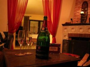 a bottle of wine sitting on a table with two glasses at Apartment mit Pool by Interhome in Bad Schmiedeberg