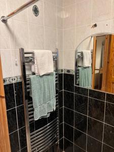 a bathroom with green towels and a mirror at Sonnys Rest in Ardara