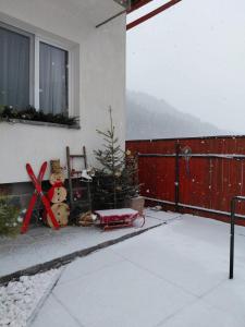 een met sneeuw bedekte tuin met een kerstboom en een slee bij Dió vendégház in Praid