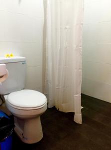 a bathroom with a toilet and a white shower curtain at Merpati - Studios in Sanur