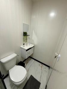 un bagno bianco con un water e un lavandino di Loft 04 na Praia Brava a Itajaí