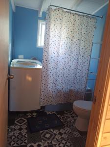 un bagno con un water e una tenda da doccia di Refugio Lemuy - Chiloé a Puqueldón