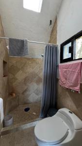 a bathroom with a toilet and a shower at Beach chalet with Private Pool in Heroica Alvarado