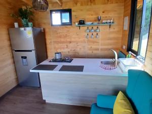 a kitchen with a refrigerator and a counter top at Cabaña Martina con Jacuzzi in Marinilla