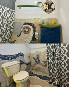 2 immagini di un bagno con servizi igienici e lavandino di Casa Mamré a Cahuita