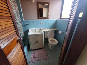 een badkamer met een toilet, een wastafel en een spiegel bij Casa Canadiense in Chacarita +30 foto's
