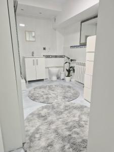 een witte badkamer met een toilet en een tapijt bij Basement studio in hosts house with private terrace and BBQ Ideal for The camino in Zizur Mayor