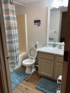 a bathroom with a toilet and a sink and a mirror at Branson Lakeside Getaway in Branson +12 photos