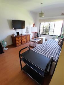 een woonkamer met een bed en een flatscreen-tv bij Museo Mar in Mar del Plata