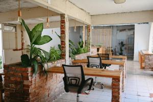 an empty room with tables and chairs and plants at Co404 Oaxaca - Coliving Coworking in Oaxaca City