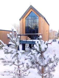 a cabin in the snow with a tree at Bobrí potôčik in Liptovský Mikuláš