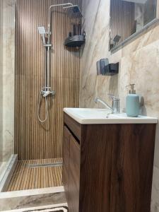 een badkamer met een wastafel en een douche bij Stan na dan Bor Apartman in Bor