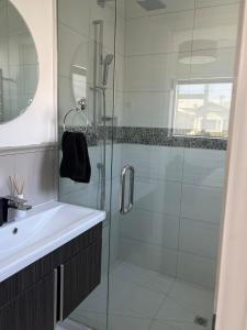 a bathroom with a glass shower and a sink at Stylish Petone Stay in Lower Hutt +35 photos