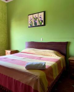 een bed in een groene kamer met een sprei erop bij Plaza Real Hotel Boutique in Coscomatepec de Bravo