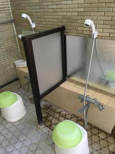 妙高市にあるロッヂ ハンターのバスルーム(緑のトイレ2つ付)