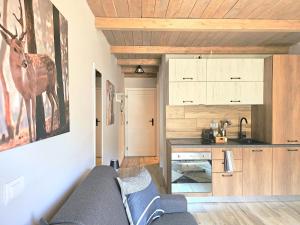 a living room with a couch and a kitchen at Moda Apartments 69 in Sestriere