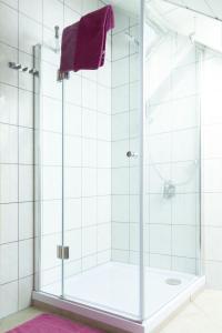 a shower with a glass door and a purple towel at Apartment Fewo Dirks 2 by Interhome in Hemfurth-Edersee
