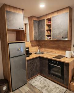 a kitchen with a stainless steel refrigerator and a sink at Suncani breg in Crni Vrh