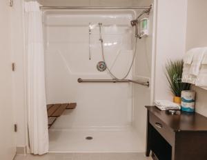 a white shower in a bathroom with a sink at Hotel Phillips in Bartlesville +191 photos