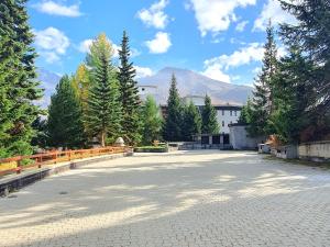 een lege weg met bomen en bergen op de achtergrond bij Moda Apartments Scalette in Sestriere