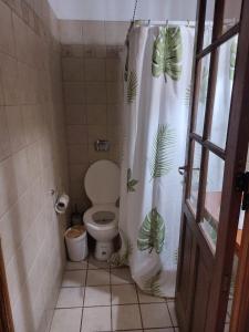 un bagno con un water e una tenda da doccia di Ruka Fusión a Carlos Keen