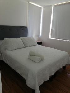 a bed with a white blanket and two pillows on it at departamento vacacional in Arica
