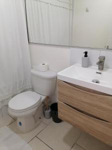 a bathroom with a toilet and a sink and a mirror at departamento vacacional in Arica