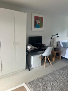 a bedroom with a desk and a bed and a chair at Myrtle St Guesthouse in Auckland