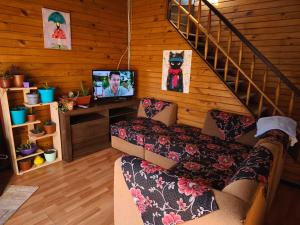a living room with a couch and a tv and stairs at Lago Chelenko in Chile Chico
