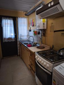 een kleine keuken met een fornuis en een spoelbak bij Lago Chelenko in Chile Chico