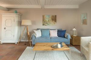 a living room with a blue couch and a coffee table at Foftein in Borgsum
