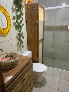 een badkamer met een toilet, een wastafel en een spiegel bij Casa de campo in Passo De Torres +18 foto's