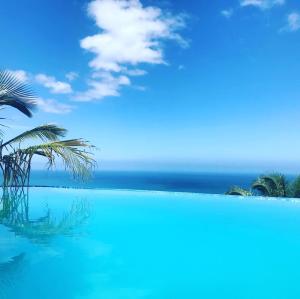 a swimming pool with a view of the ocean at Puerto Alto Hostel in Santa Marta