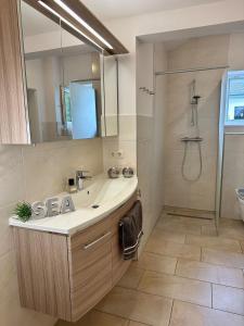 a bathroom with a sink and a shower at Ferienhaus Schlossblick - ABC236 in Zierow