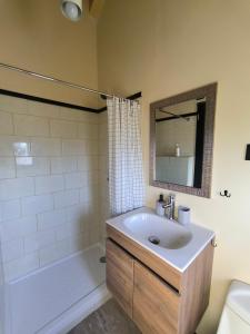 a bathroom with a sink and a tub and a mirror at Casa Esquila de Chiloé in Chonchi +17 photos
