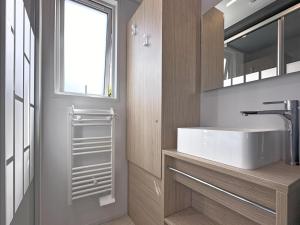 ein Badezimmer mit Waschbecken und Fenster in der Unterkunft Feriendorf Seeblick - Tiny Chalet Nr 10 in Neunburg vorm Wald + 14 Fotos