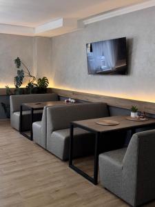 a living room with two couches and a tv on the wall at ЛІДІЯ in Yasinya