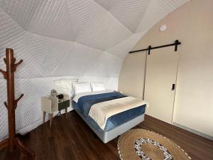 ein Bett in einem Zimmer mit weißer Decke in der Unterkunft La cabaña de Ciela G glamping con jacuzzi y croquet in Latacunga